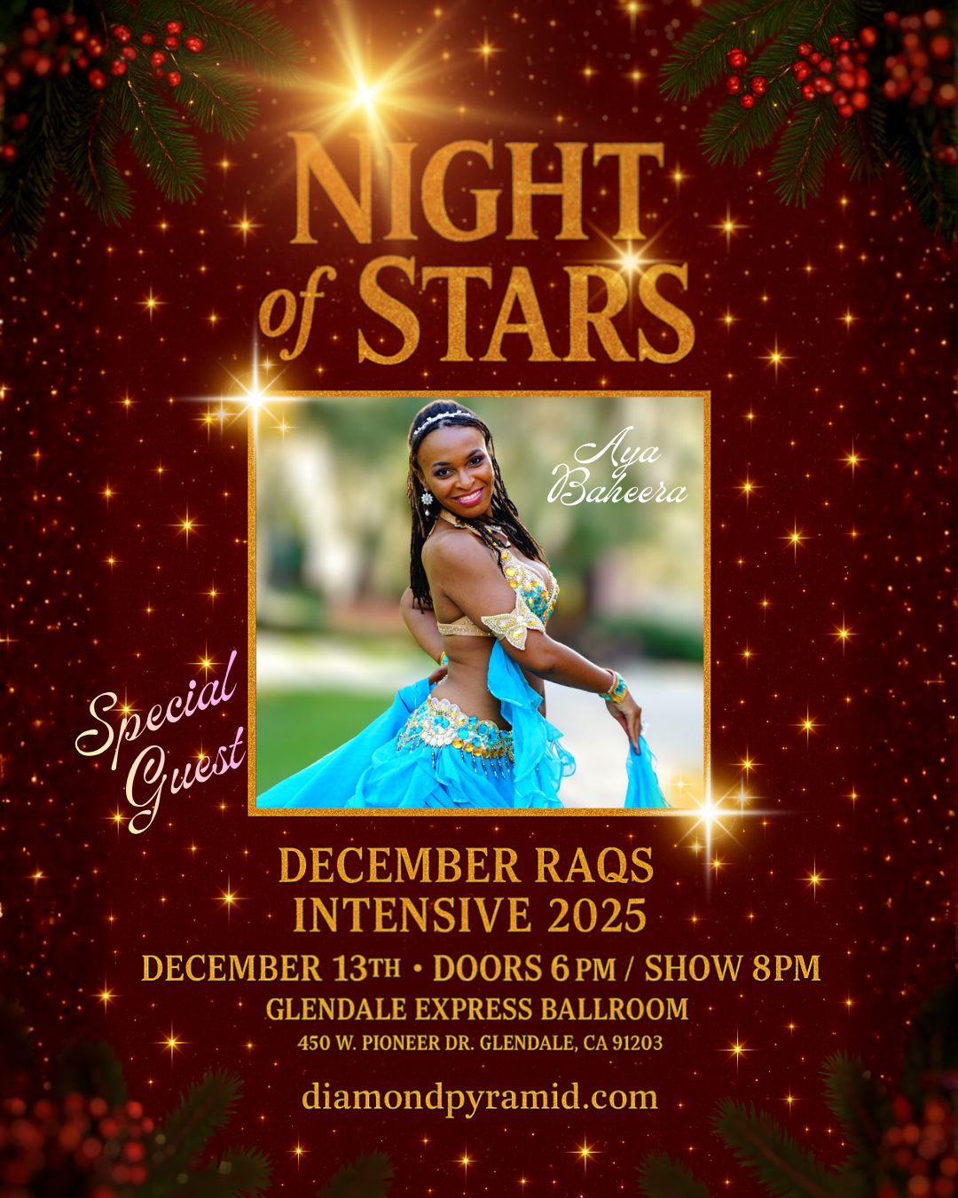 Event poster for 'Night of Stars' featuring a woman in a blue dance costume, with holiday decorations and stars in the background. The event is on December 13th, 2025, at Glendale Express Ballroom in Glendale, California, with doors opening at 6 PM a