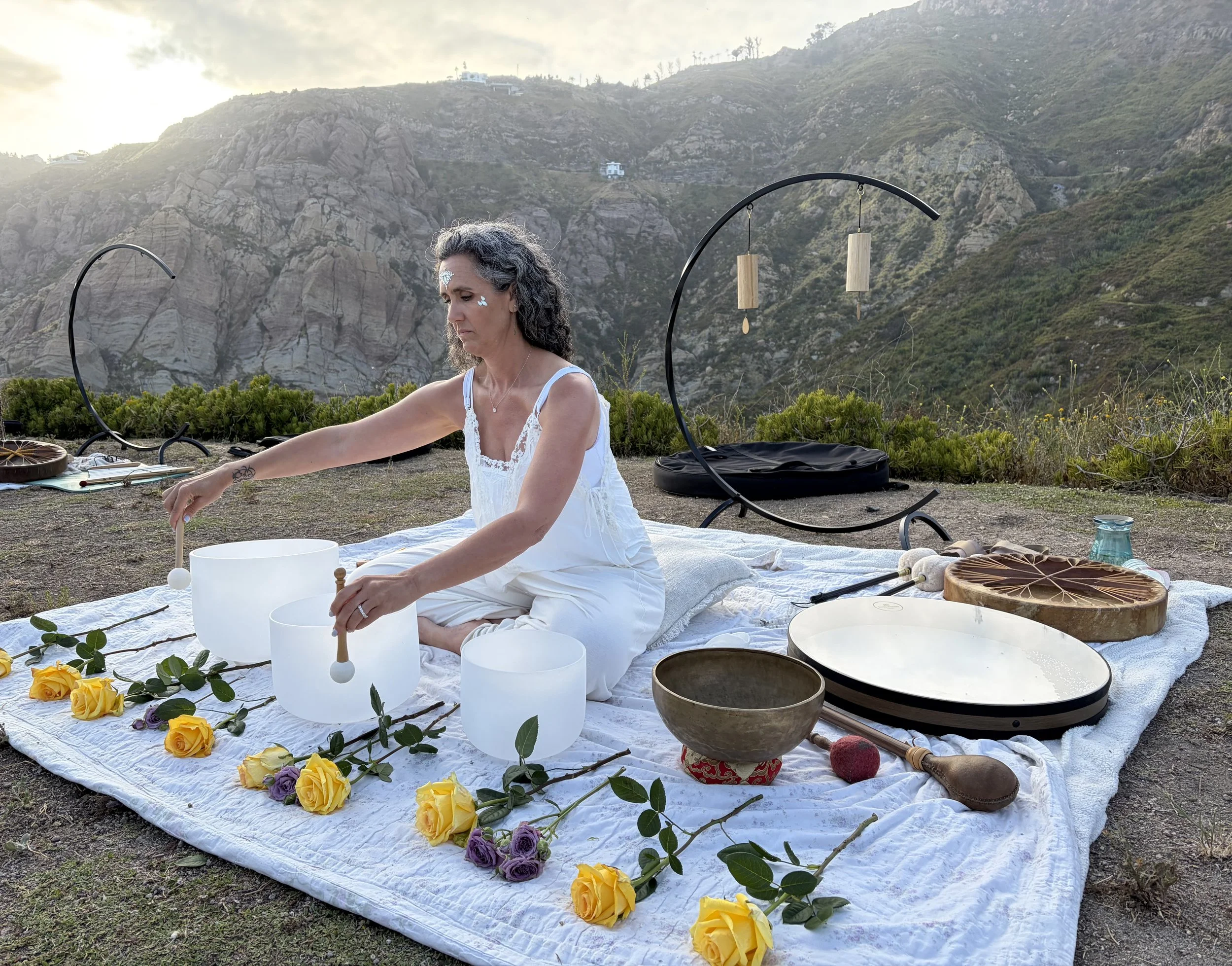 Alana playing a crystal singing bowl outdoors among flowers in the mountains