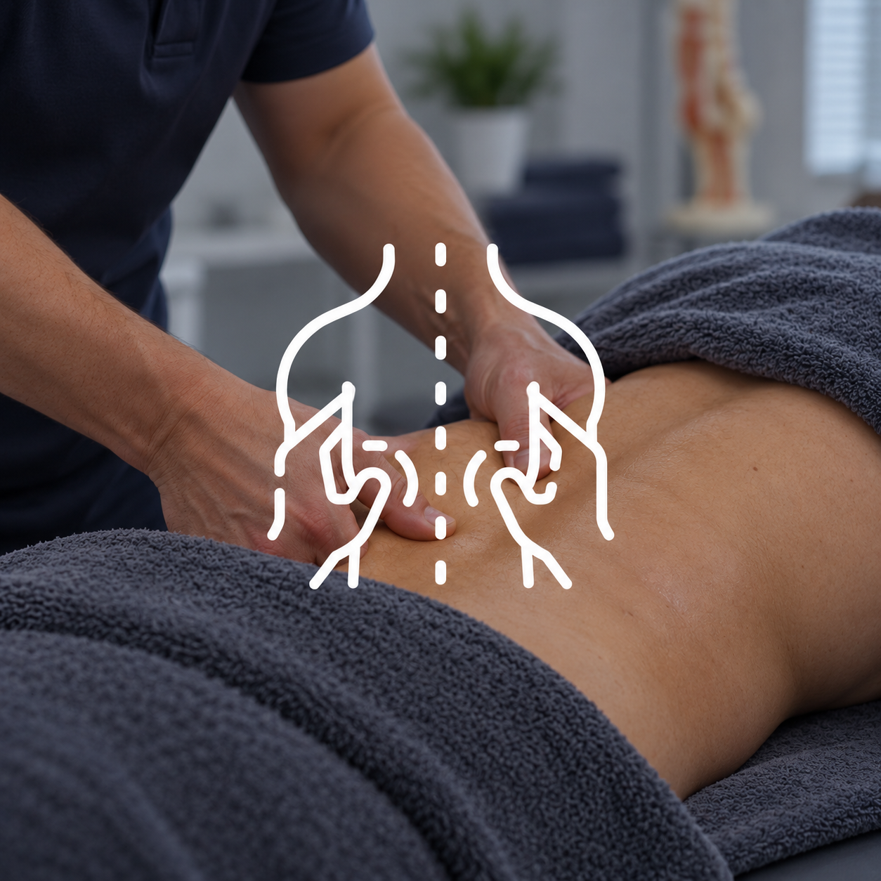 Lower-back sports massage treatment with white massage icon