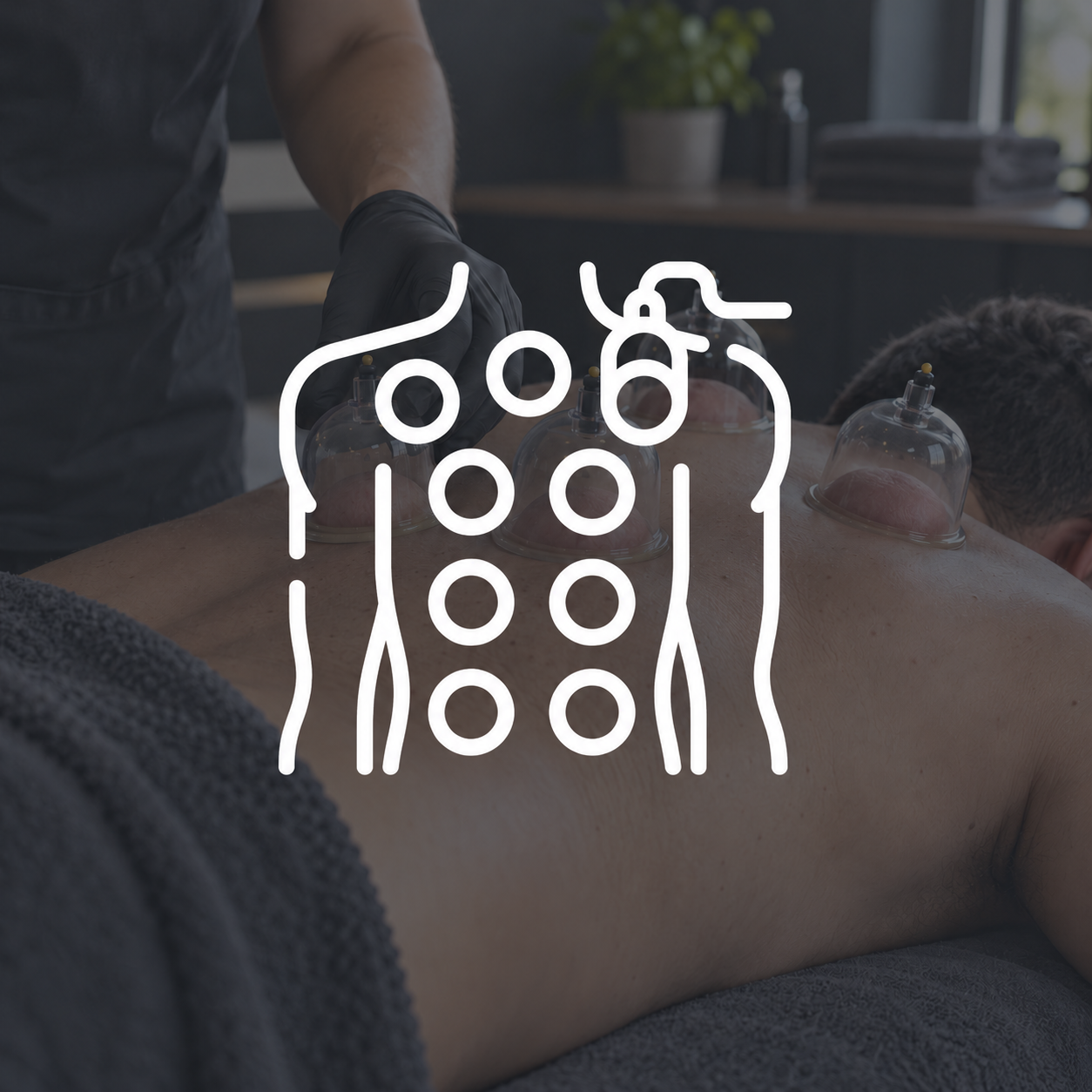 Cupping therapy icon over a muted dry cupping treatment photograph