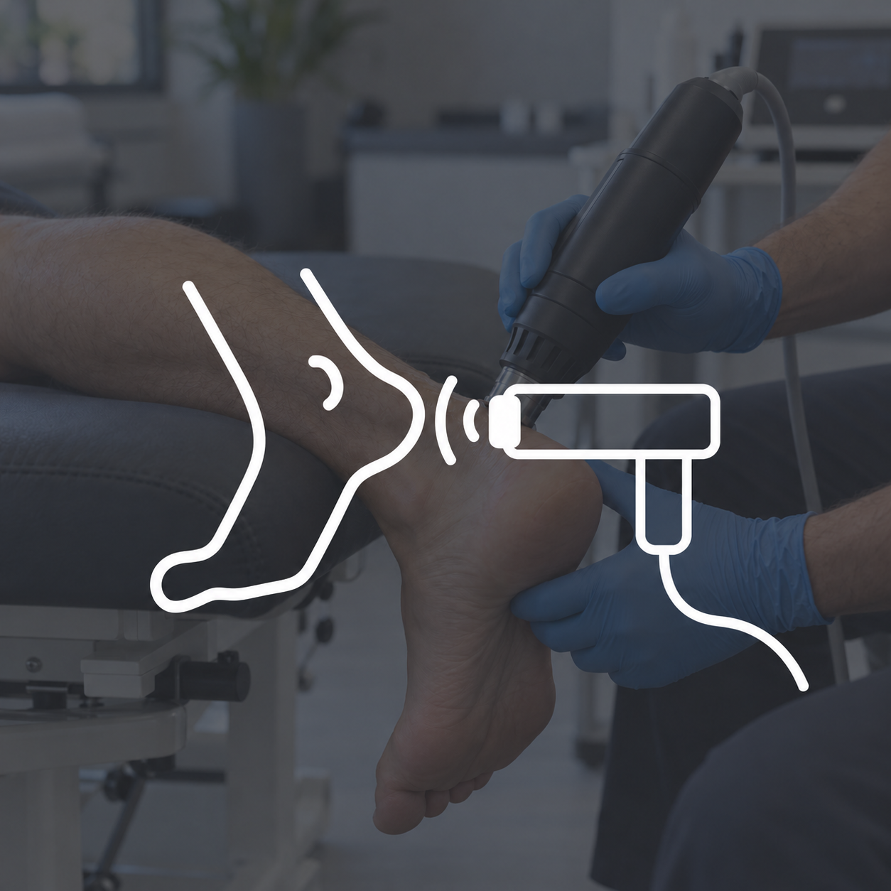 Shockwave therapy icon over a muted Achilles treatment photograph