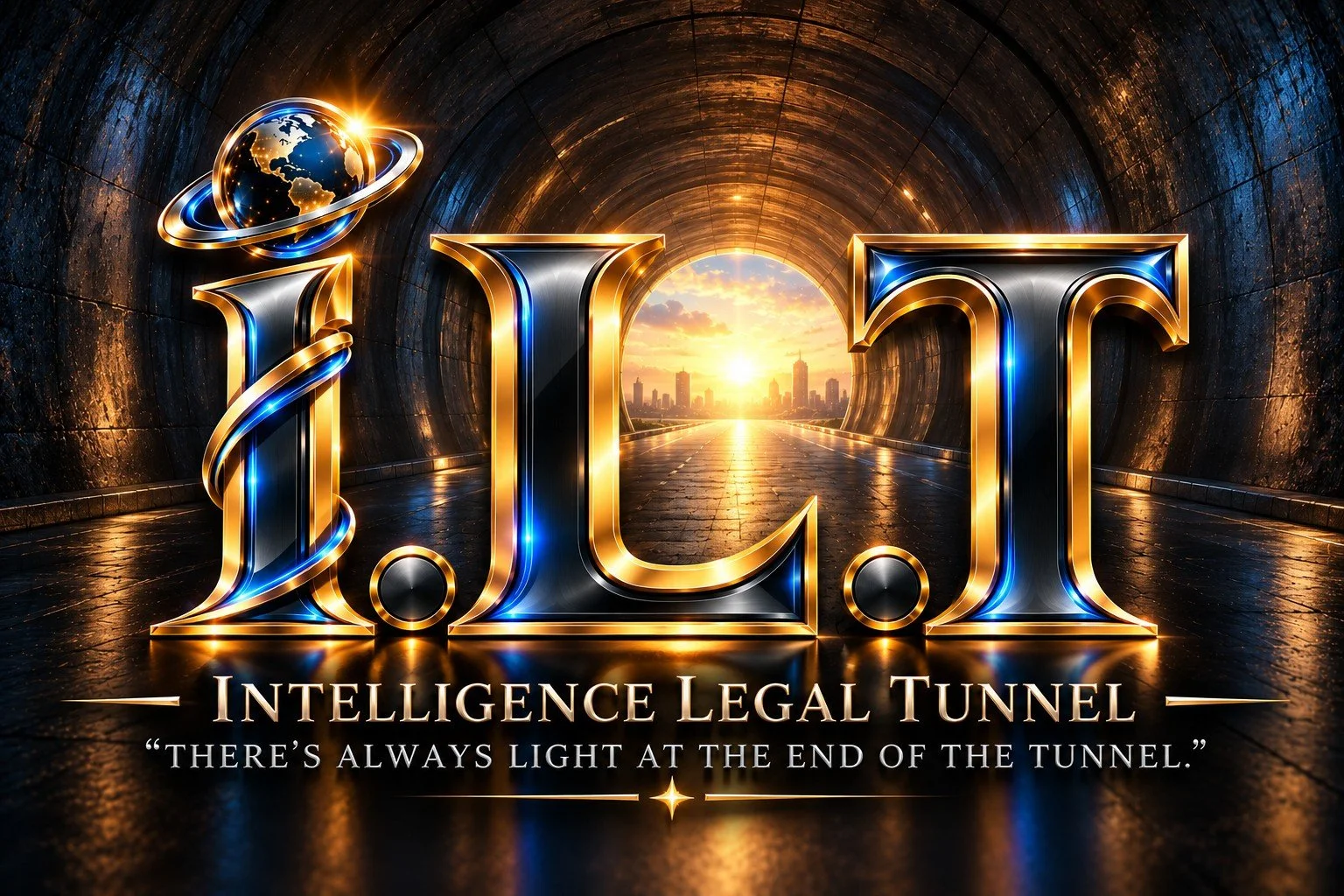 Graphics with large, metallic, gold and black text that reads '2021' and 'Intelligence Legal Tunnel' with a globe orbiting the number '2' on a city background with a sunset.