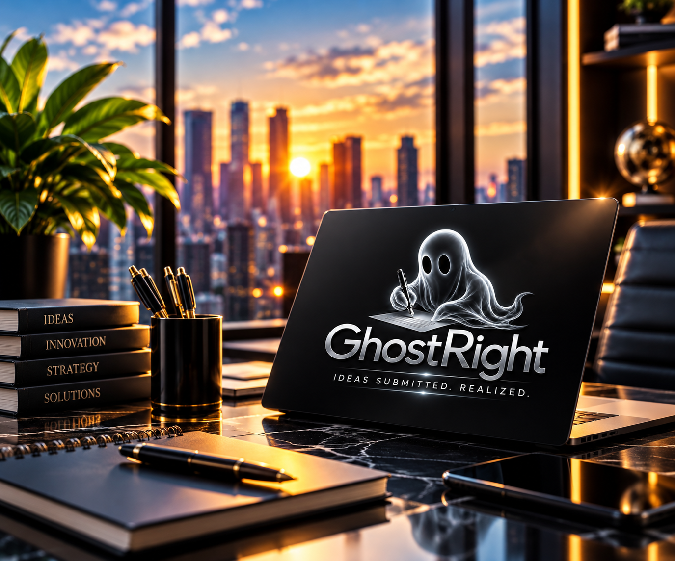 A modern office desk with a laptop displaying a ghost illustration and the text 'GhostRight' and 'Ideas submitted. Realized.', a stack of books labeled 'Ideas,' 'Innovation,' 'Strategy,' and 'Solutions,' a black pen holder with pens, notebooks, and a potted plant next to a large window showing a city skyline at sunset.
