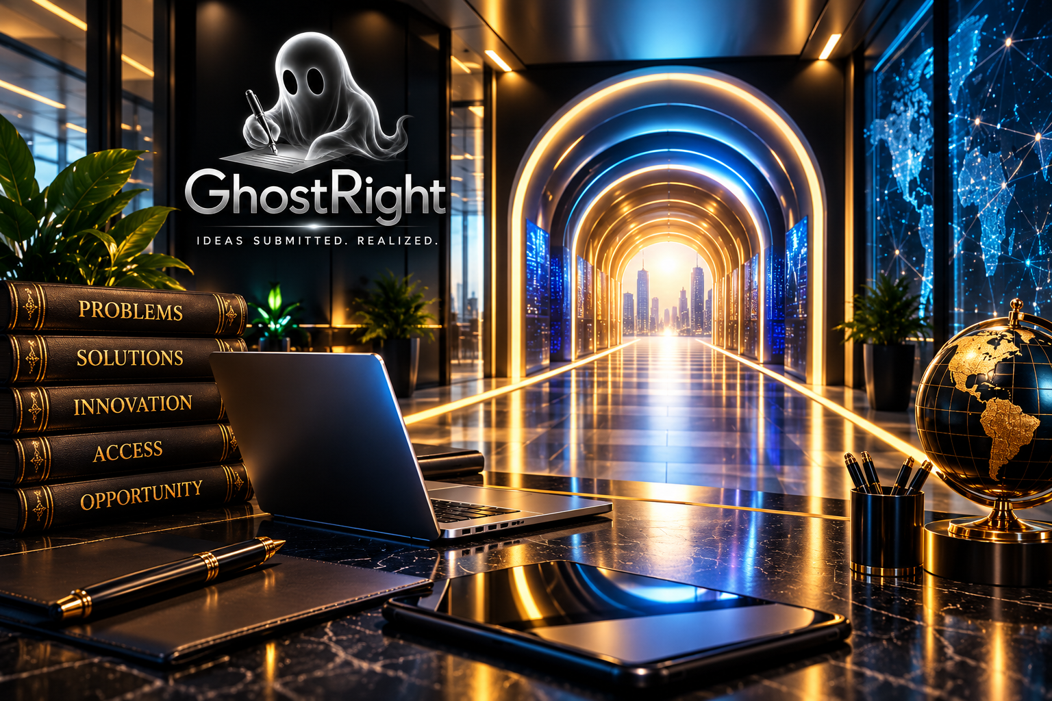 A modern office with a city skyline view through large windows. The desk has a laptop, a notebook, and a pen, with a globe and pens in a holder. A stack of black books labeled "Problems," "Solutions," "Innovation," "Access," and "Opportunity" is on the desk. The wall features a logo reading "GhostRight" with a ghost figure writing on paper and the tagline "Ideas submitted. Realized." The office has a neon arched hallway leading to the city, with blue and gold lighting and world map graphics on the walls.