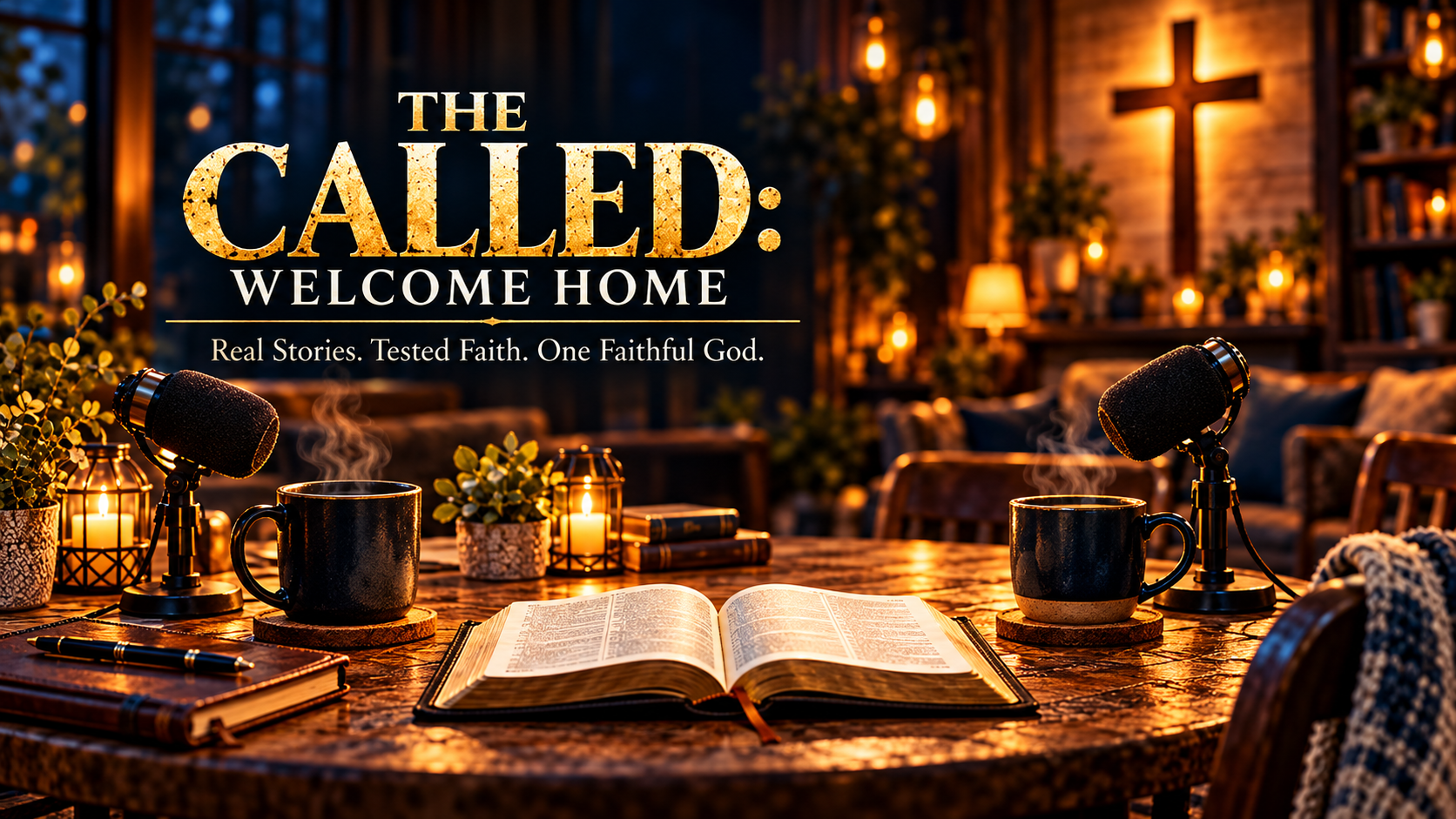 A cozy indoor setting with a table, books, steaming coffee mugs, microphones, candles, and a cross on the wall, promoting a podcast titled 'The Called: Welcome Home' with the tagline 'Real Stories. Tested Faith. One Faithful God.'.