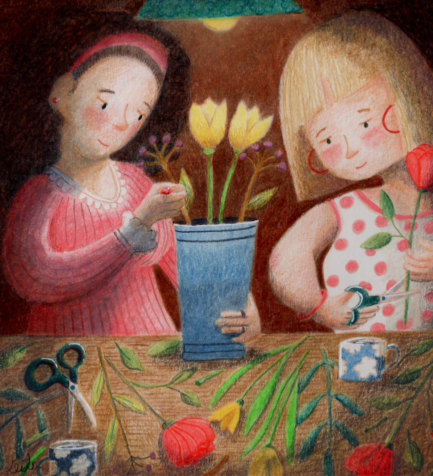 Women friends cutting and trimming flowers and putting them in a vase, whilst having some quiet time with cups of tea.