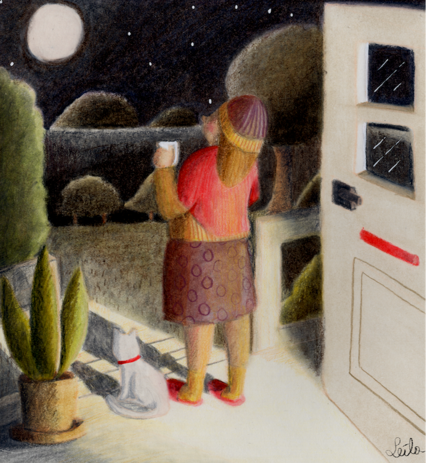 Watching the moon from the porch, drinking a cup of tea with a shawl around the shoulders and a cat for company.