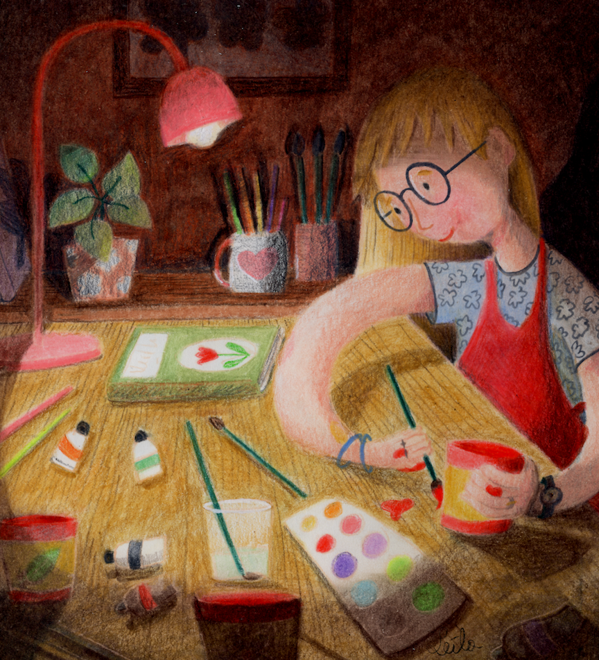 Hand-drawn illustration of a focused girl wearing glasses watercolor painting at a cozy desk under a warm lamp