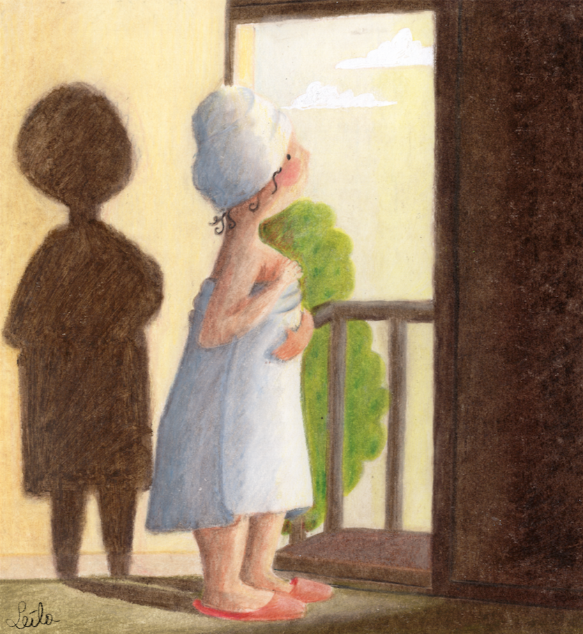 Out of the shower, getting her sunshine in the morning, and bracing herself for the day ahead.