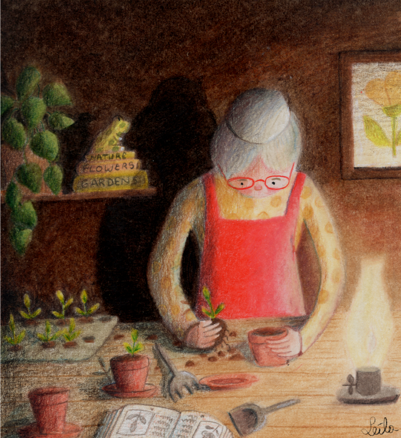 A woman of a certain age repotting seedlings in the warm light of an oil lamp