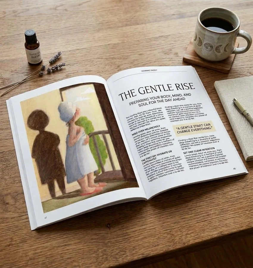 An open A4 UK lifestyle magazine spread on a wooden table displaying an article titled "The Gentle Rise" next to a full-page illustration of a woman wrapped in a towel looking out a window.