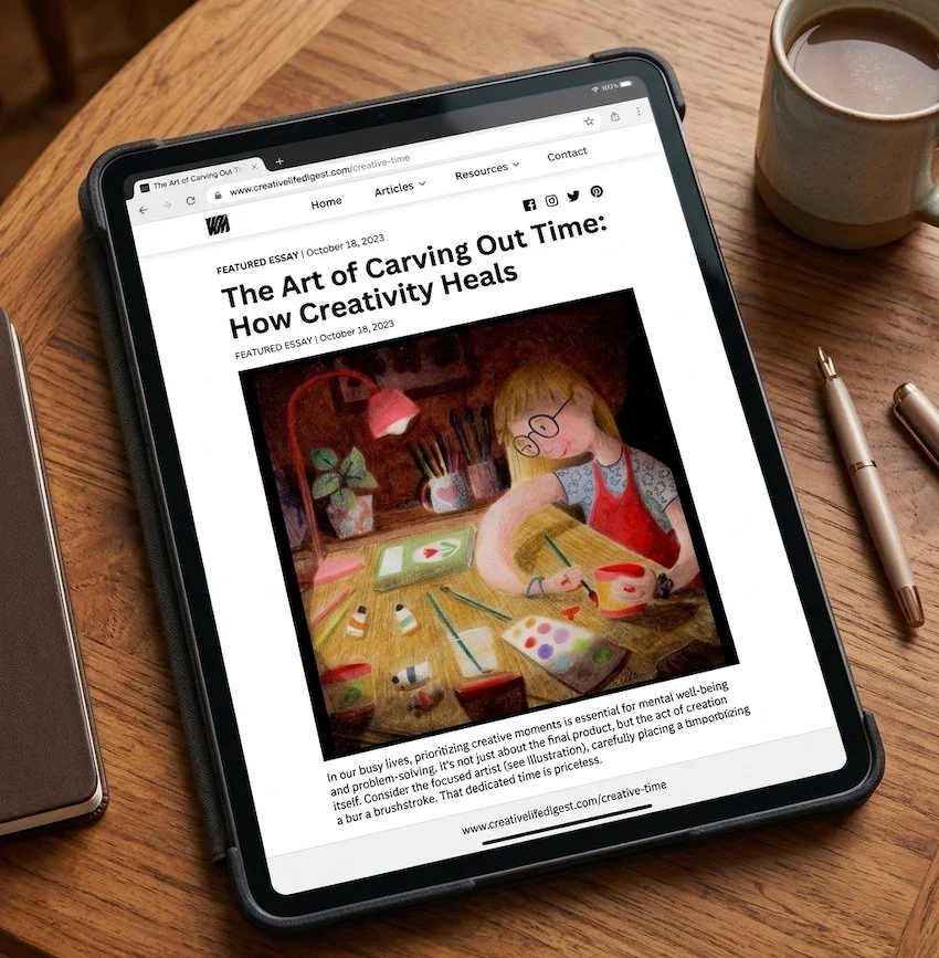 An iPad resting on a wooden desk displaying an online article about making time for creativity featuring Hand-drawn illustration of a focused girl wearing glasses painting at a cozy desk under a warm lamp