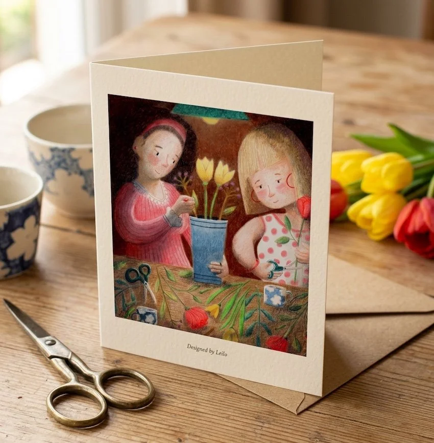 photograph of a folded greeting card on a wooden table, resting on an envelope. The card displays a detailed colored pencil illustration of two young girls at a table. The girls are placing tulips in a blue vase, surrounded by other flowers and cups.