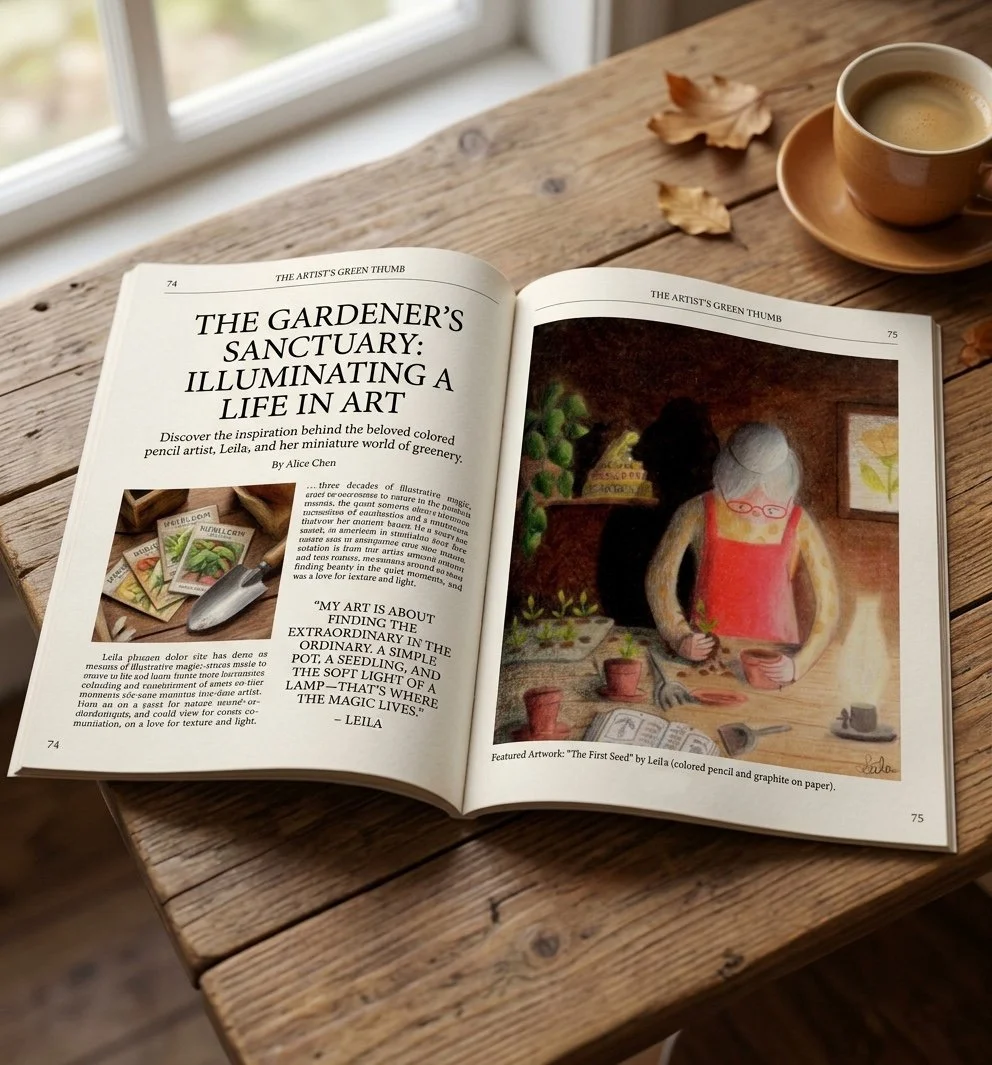 An open magazine spread on a wooden table displaying an article titled The Gardener's Sanctuary alongside an illustration of a woman repotting plants.