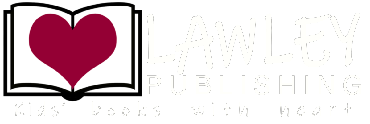 Logo of Lawley Publishing featuring an open book with a red heart in the center, and the tagline 'Kids' books with heart' underneath.