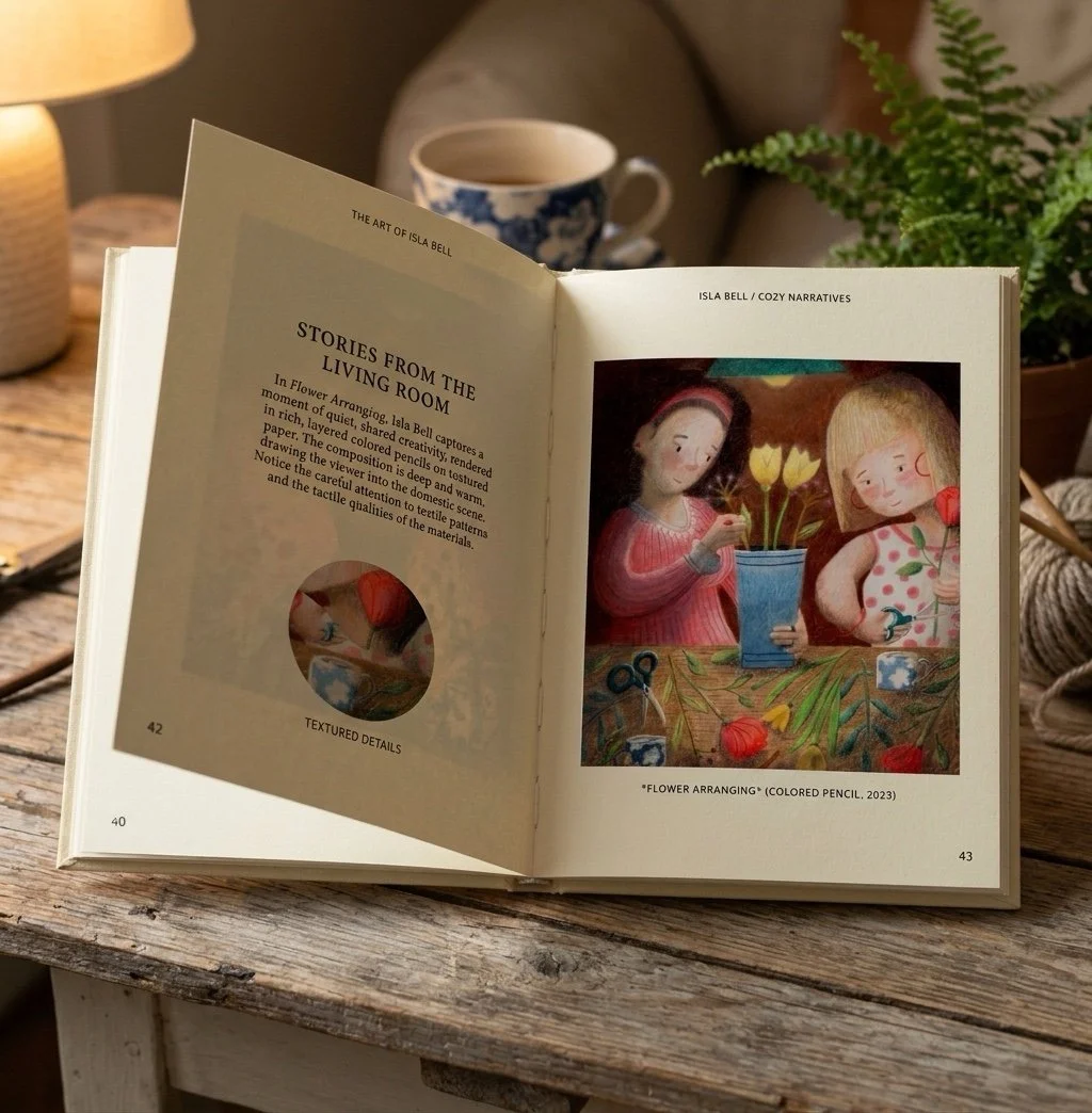 Open hardback art book on a rustic wooden table under warm lamp light, displaying a colored pencil illustration of two girls arranging flowers