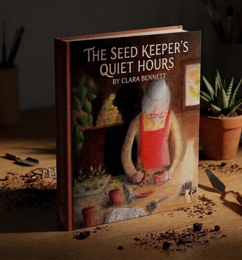 Book cover mockup for "The Seed Keeper's Quiet Hours" by Clara Bennett, featuring a warm illustration of an elderly woman repotting seedlings surrounded by gardening tools.