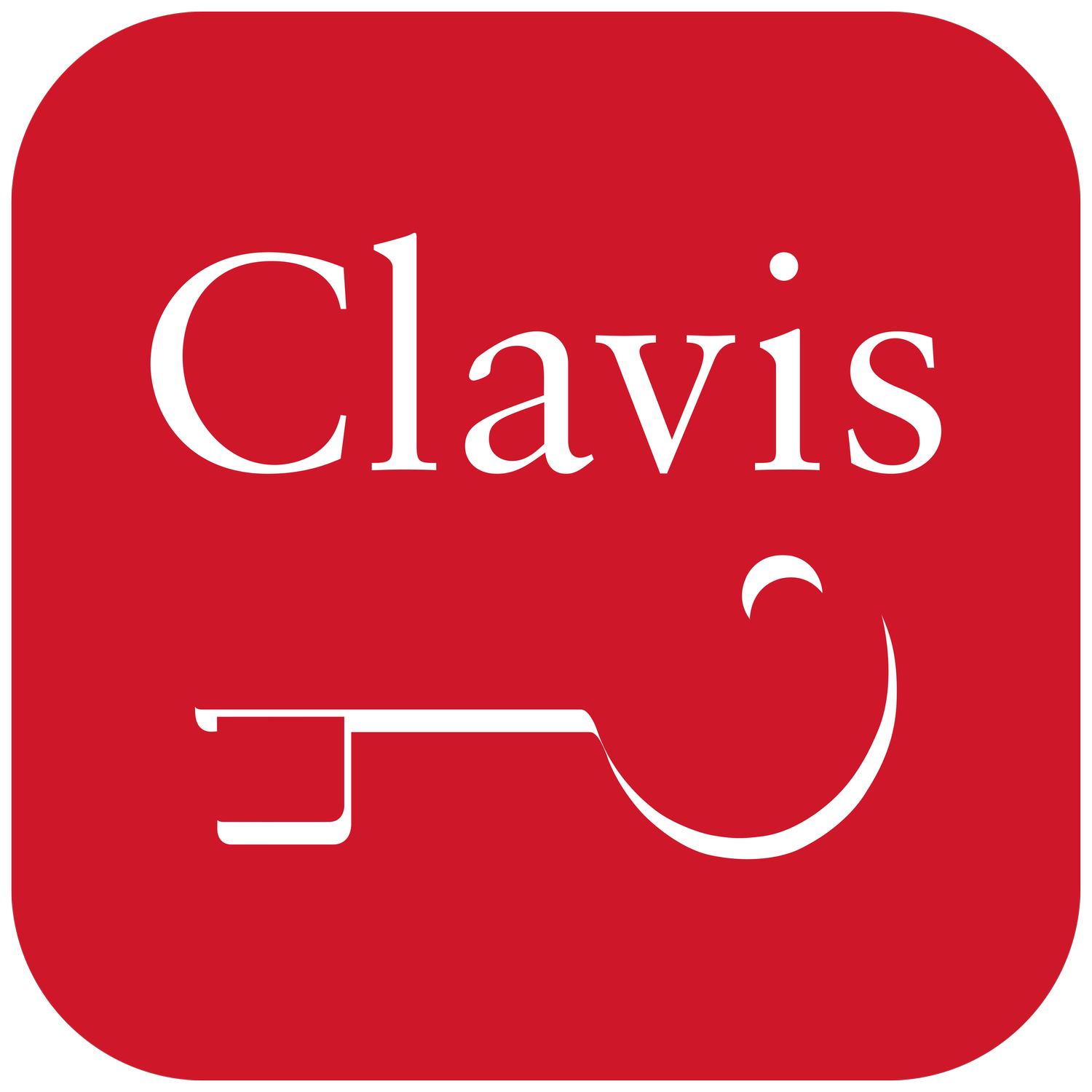 Red square sign with a white outline illustration of a hand holding a glass and the word 'Clavis' written in white text.