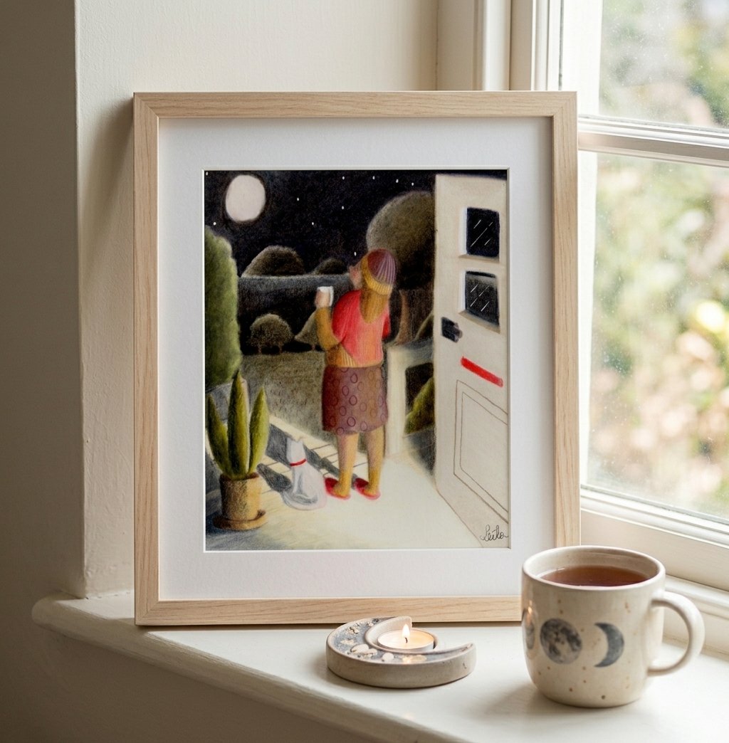A light wood framed art print featuring a cozy colored pencil illustration of a woman drinking tea under the starry night sky, set on a warm windowsill.