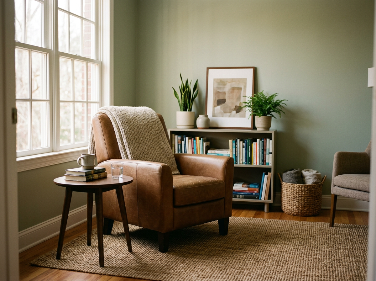 Cozy reading nook with a leather armchair next to a window, a small wooden side table with books and a mug, a white bookshelf filled with books, potted plants, and framed artwork on a light green wall.