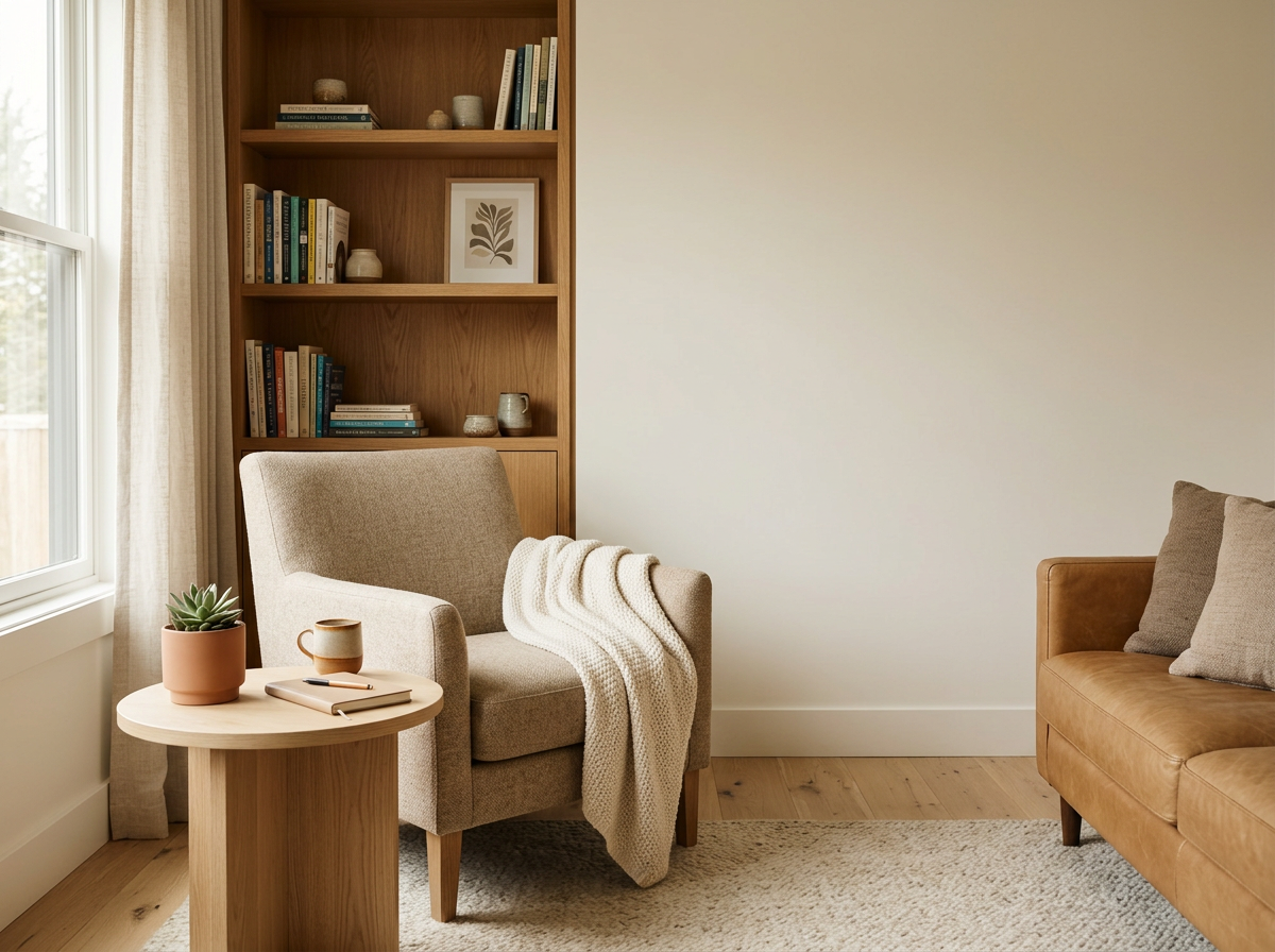 Cozy living room corner with beige armchair, tan sofa with matching pillows, round wooden side table with plant and mug, built-in wooden bookshelf with books and decor, light-colored rug, and natural light from window with beige curtains.