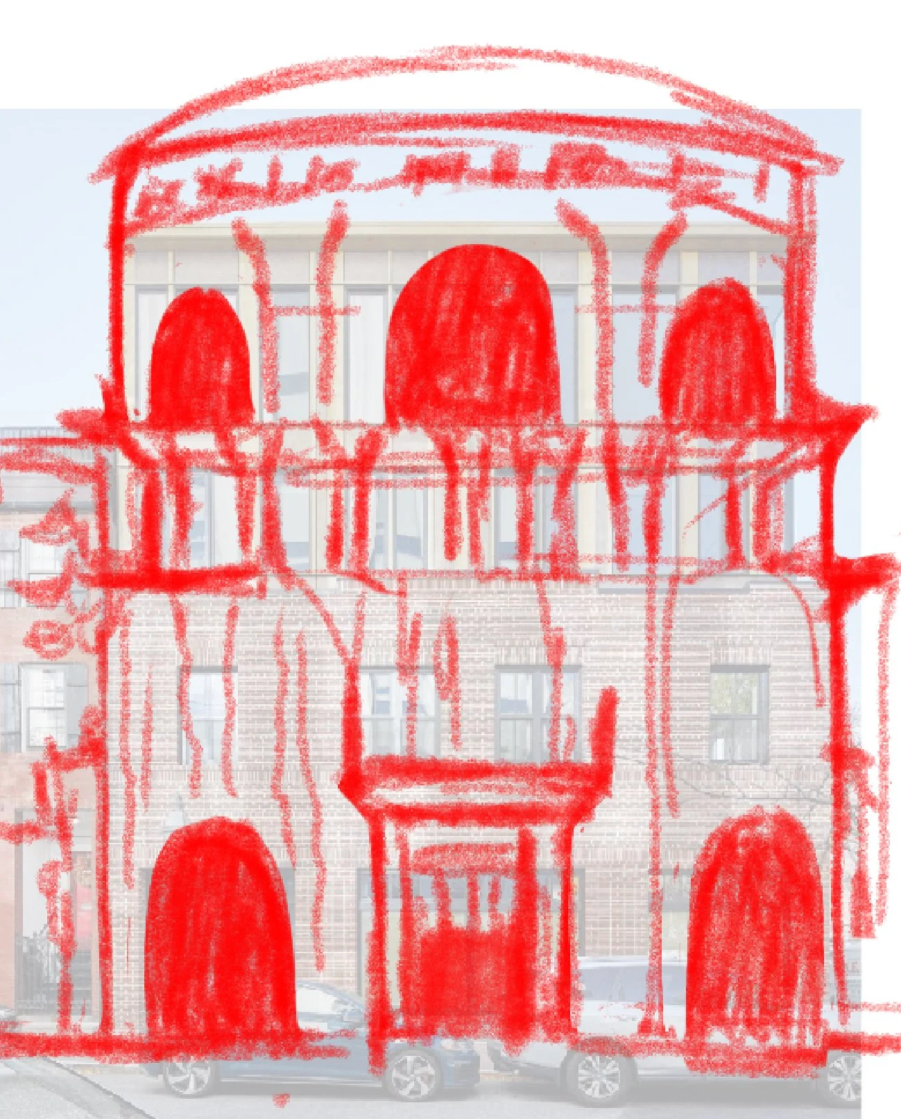 A building with classical architecture, featuring large arches and columns. The image has a red rough sketch overlay highlighting the structure.