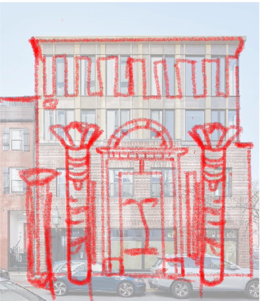 A building with a red decorative outline drawn on the image, featuring columns, an arched entrance, and decorative elements.