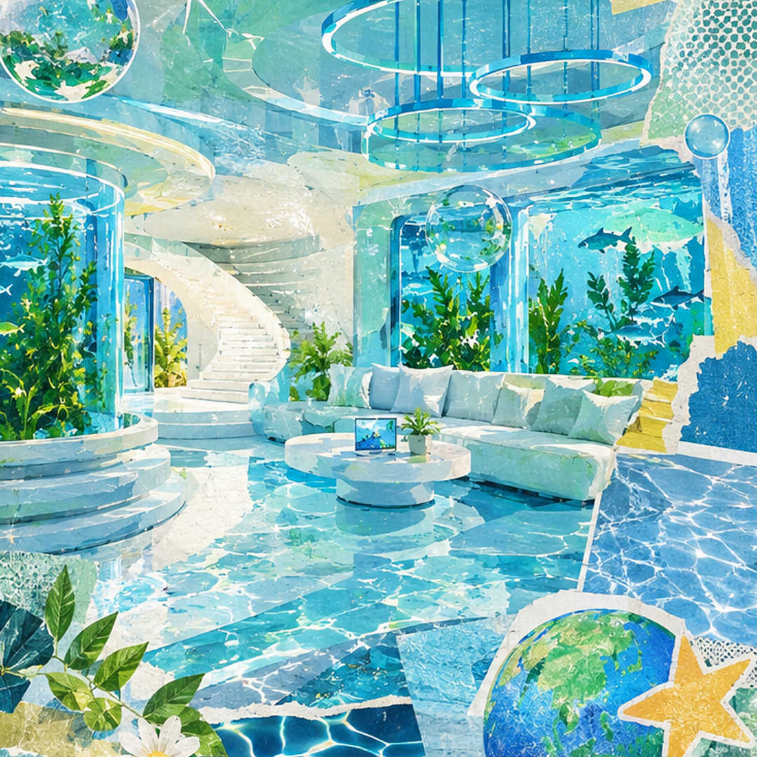 Futuristic aquatic-themed room with white spiral staircase, glass bubbles, lush green plants, blue water projections on floor and walls, and globe decorations.