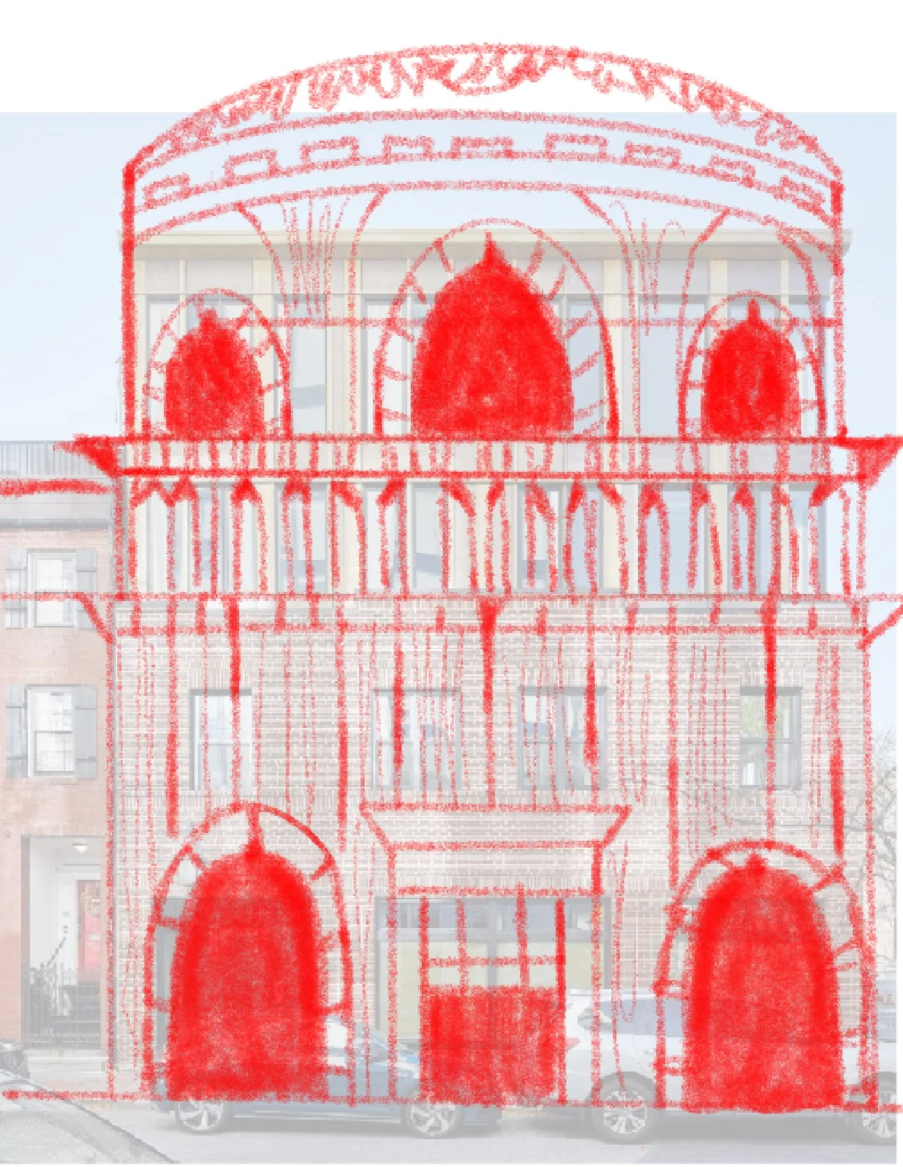 Outlined sketch of a historic building facade with arches and windows over a modern city street scene.