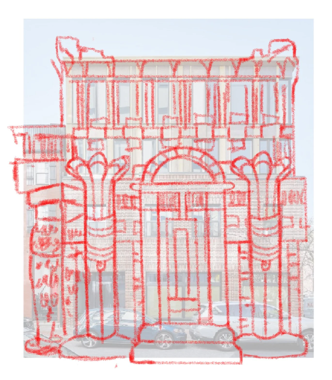 Outline of a historic building with a central arched entrance, decorative elements, and a multi-story façade overlaying a background of a modern city street with cars.