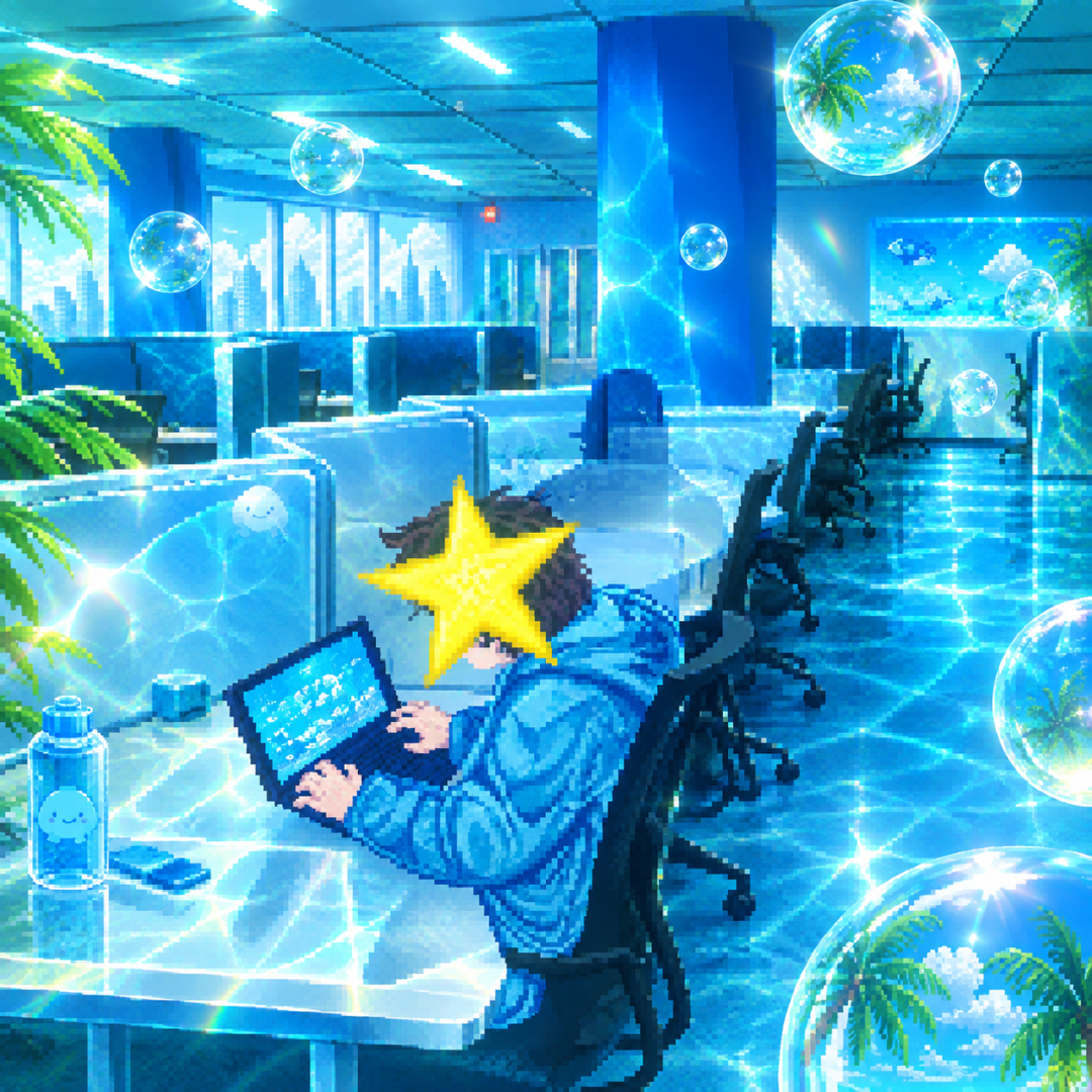 A pixel art depiction of an office with a person working on a laptop at a desk, surrounded by floating bubbles with palm trees and clouds inside, and a blue theme with water reflections on the floor.