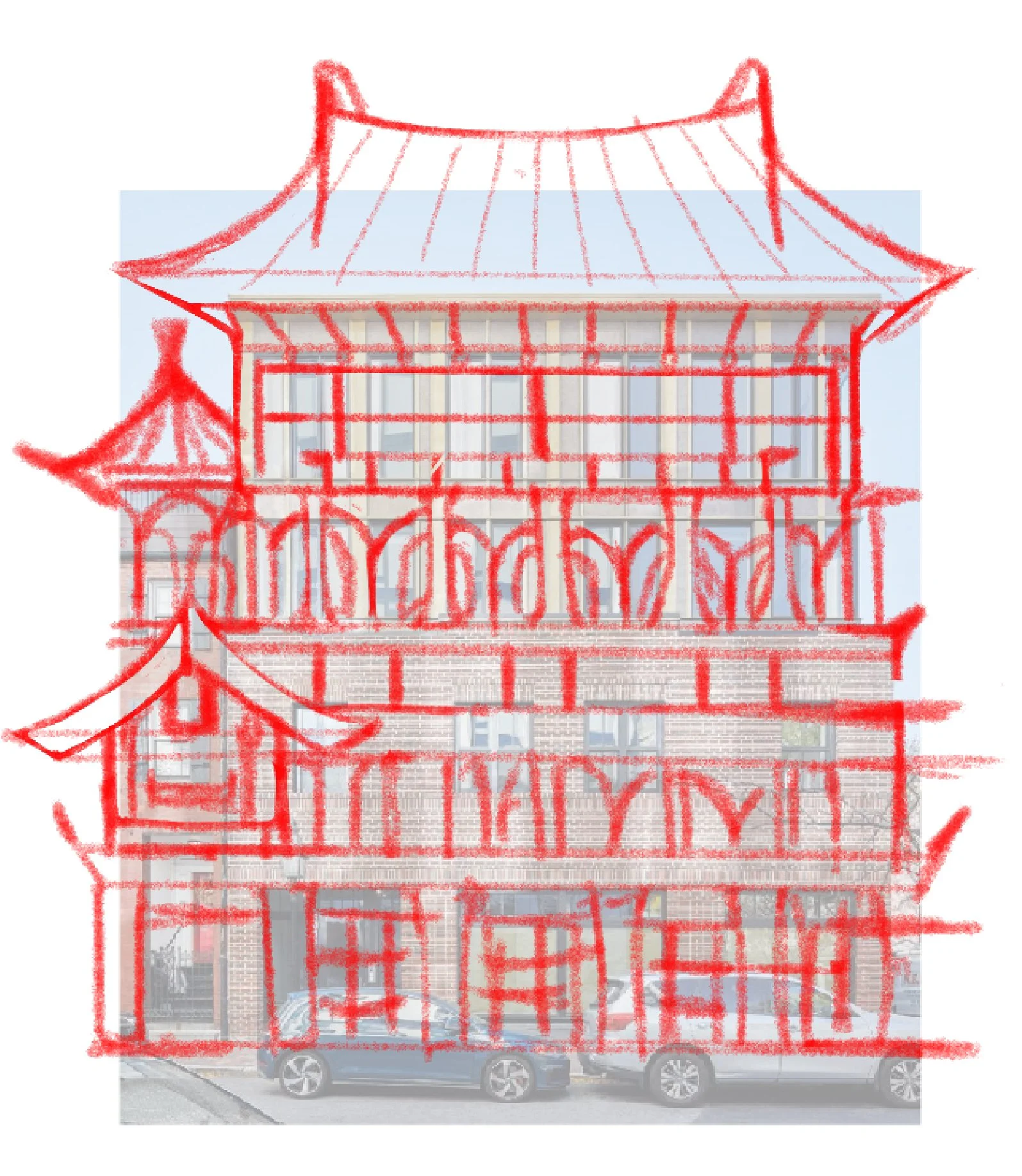 A building with a modern facade has red construction lines sketched over it, outlining a traditional Asian pagoda-style roof structure.