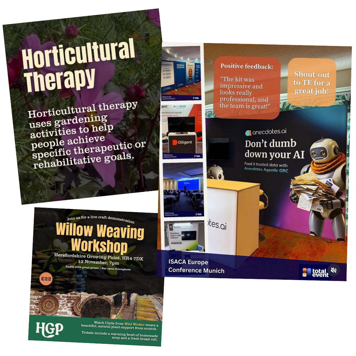 A collage of event posters and advertisements from ISACA Europe Conference Munich. Highlights include information on horticultural therapy, willow weaving workshop, and AI technology booth with a robot mascot, along with positive feedback and event details.