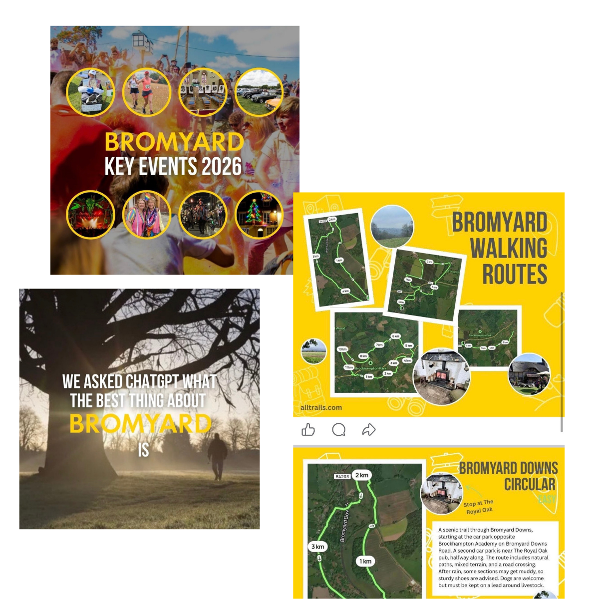 Collage of images promoting Bromyard Key Events 2026, including a festival scene with people, cars, and dances; a sign for Bromyard walking routes with maps; a silhouette of a person walking past a large tree during sunset; and text describing Bromyard attractions and walking routes.