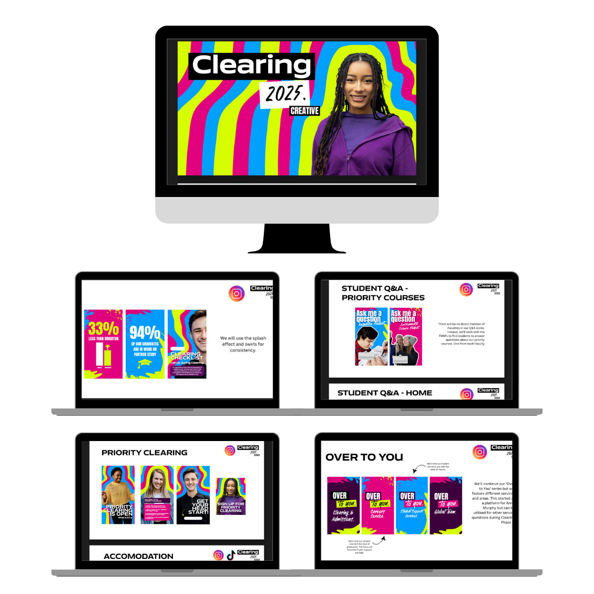 Multiple computer screens displaying colorful graphics and text for a 2025 creative conference called "Clearing." The main screen shows a young woman with long braided hair in a purple jacket. The second row features slides with statistics, student Q&A, and learning information. The third row displays promotional materials with diverse smiling people, and additional slides about priority clearing, accommodation, and program overview.