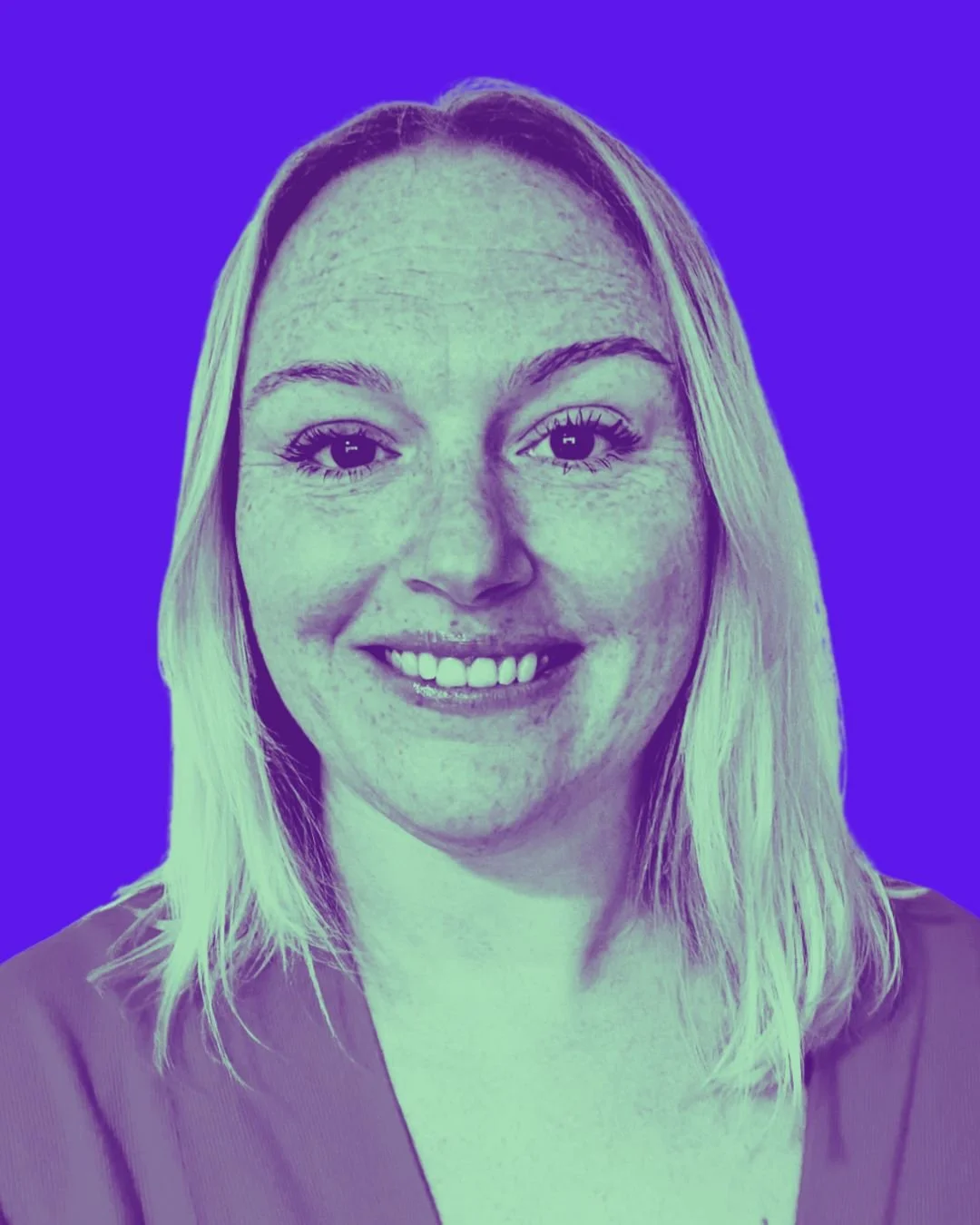 A woman smiling with blonde hair and bright eyes, against a vibrant purple and blue background.