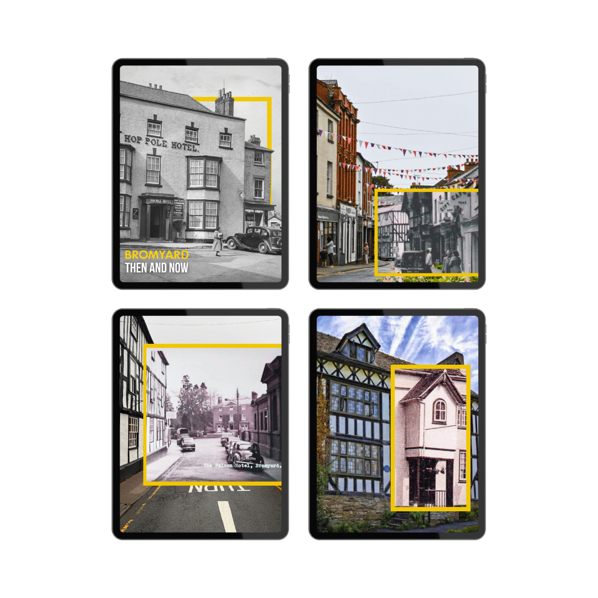 A collage showing four images of Bromyard, a historic town in England, with comparisons between past and present. The top-left is a black-and-white photo of the Hop Pole Hotel from earlier times, labeled "BROMYARD THEN AND NOW." The top-right shows a street scene with colorful flags, including a black-and-white inset of a vintage car and people. The bottom-left shows a modern street view of the hotel with cars and a zebra crossing, along with the black-and-white inset of the past image. The bottom-right features a close-up of traditional English buildings with a partly pink and blue sky in the background, and a small inset of a historic building.
