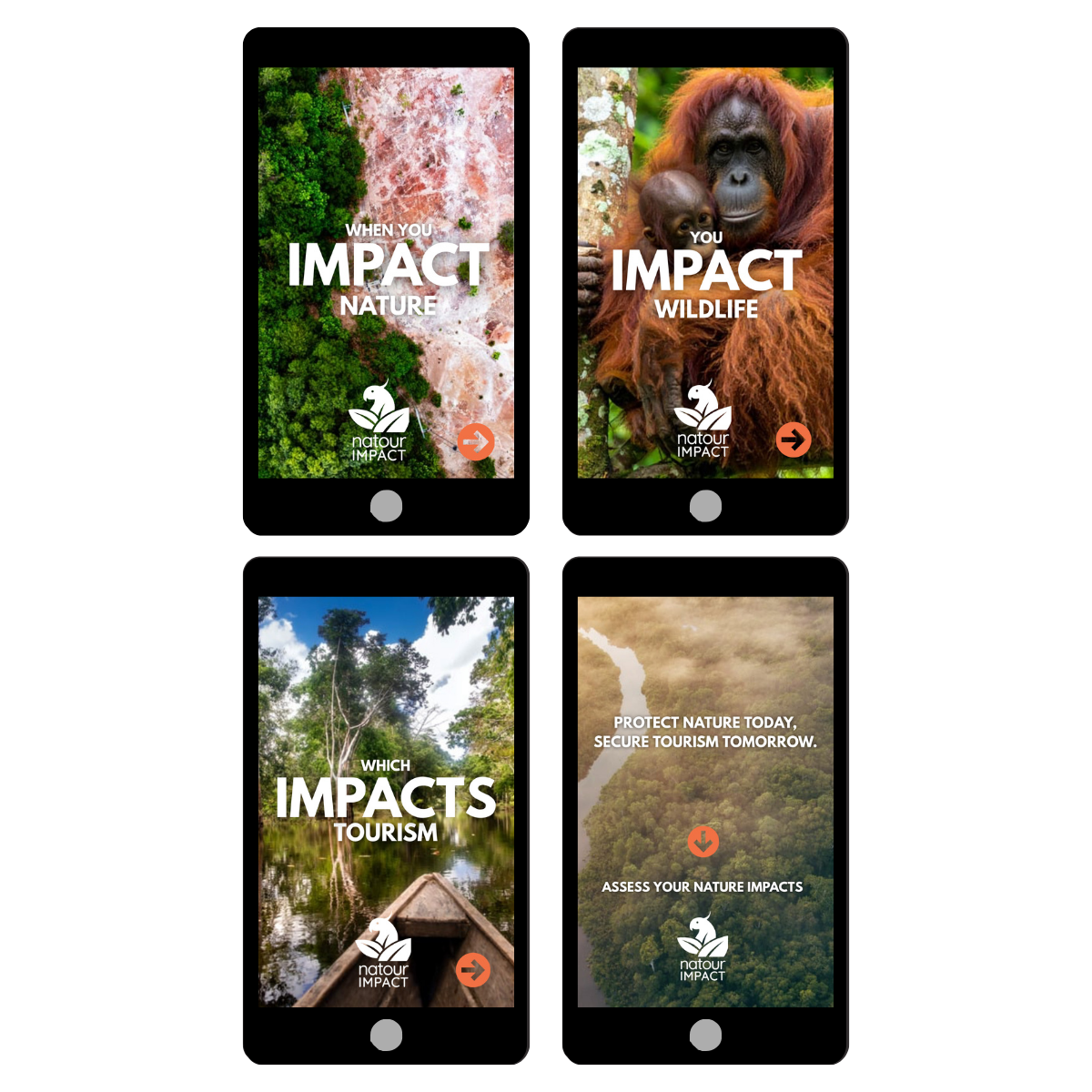 Four mobile phone screens showcasing environmental impact app interfaces, featuring nature imagery and text about nature, wildlife, tourism, and impact assessment.