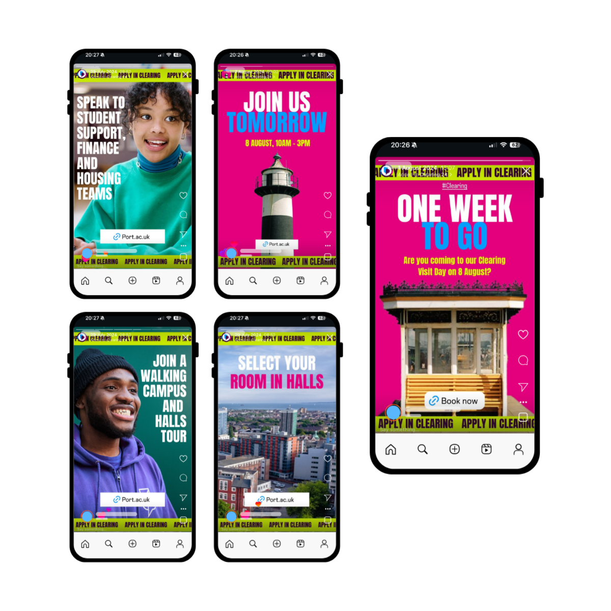 A collage of five social media story posts promoting university campus visits and programs, including student support, campus tours, halls selection, and booking information. The background color for most posts is pink, with some featuring green and blue accents.