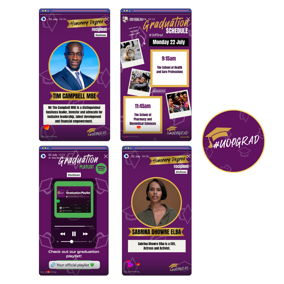 A collage of four social media posts and a logo, celebrating graduation. The posts feature a male graduate, a schedule of graduation events, a Spotify playlist link, and a female graduate, all with purple backgrounds and hashtags.