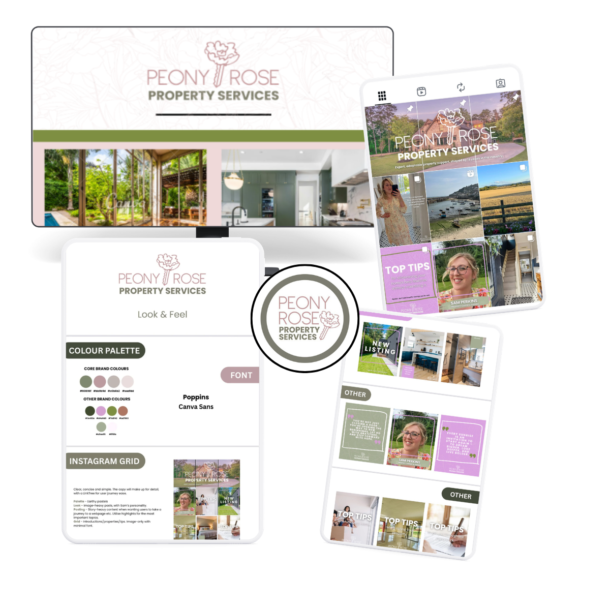 Digital branding collection for Peony Rose Property Services including a logo, brochure, and social media templates showcasing home interiors, outdoor scenery, and promotional content.