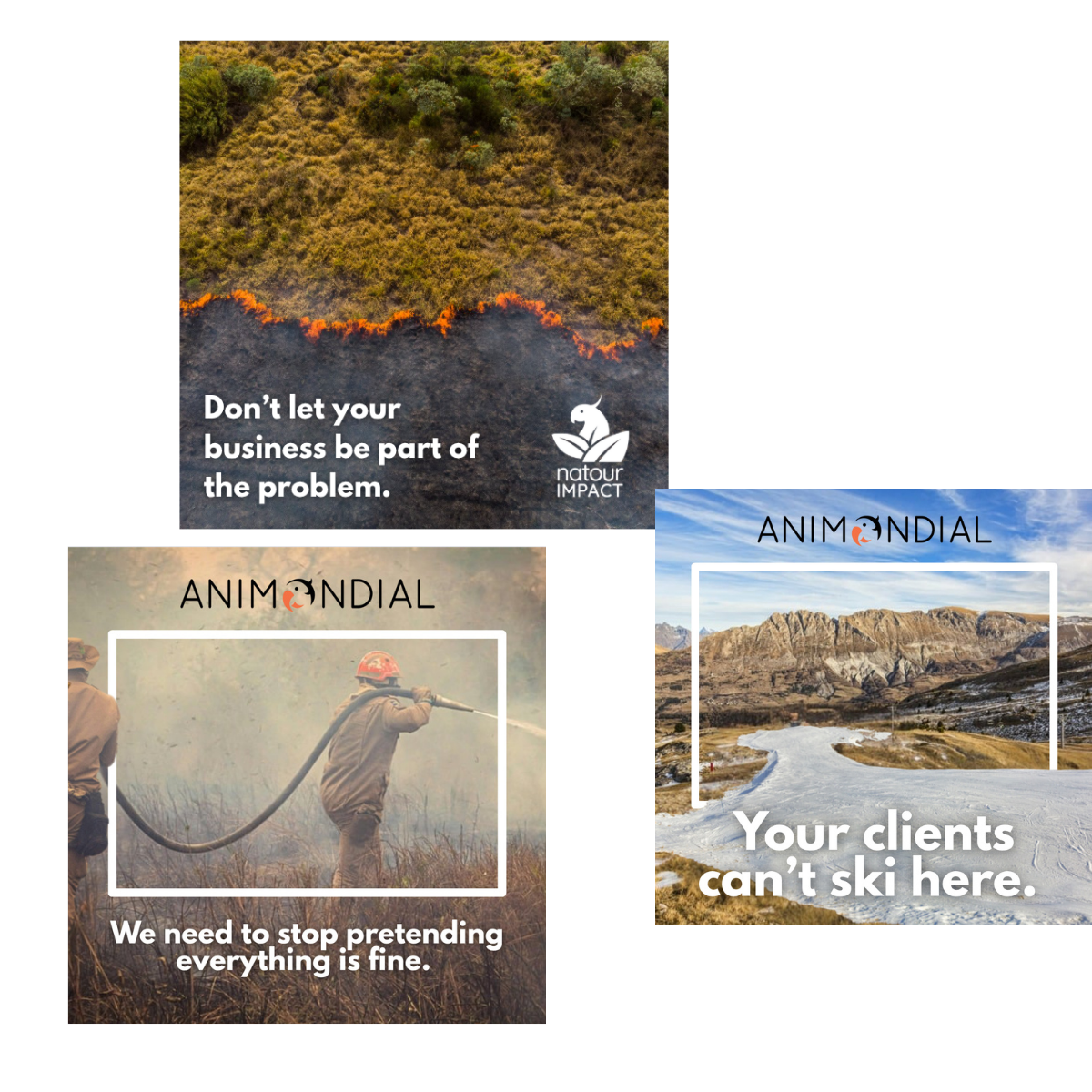 Climate change awareness posters featuring a burning forest, firefighters battling a wildfire, and a snowy mountain landscape, with messages about environmental impact and tourism.
