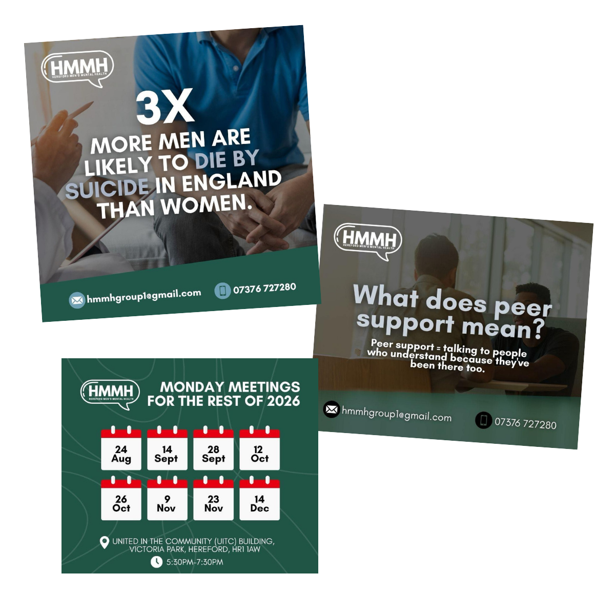 Flyers for Hereford Men's Mental Health organization with information on mental health statistics, peer support, and upcoming Monday meetings scheduled for 2026, including dates and venue details.