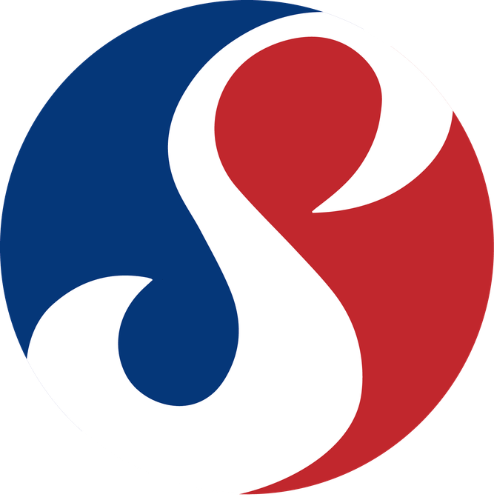 A circular logo with abstract shapes in blue and red, forming a stylized globe or swirl pattern.