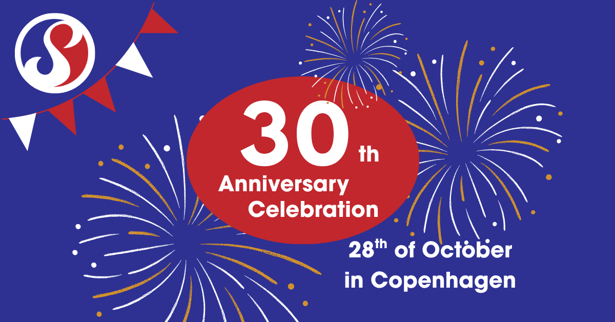 Celebrating the 30th anniversary of an event on October 28th in Copenhagen with fireworks display, a logo featuring a stylized red, white, and blue design, and festive decorations including bunting flags.