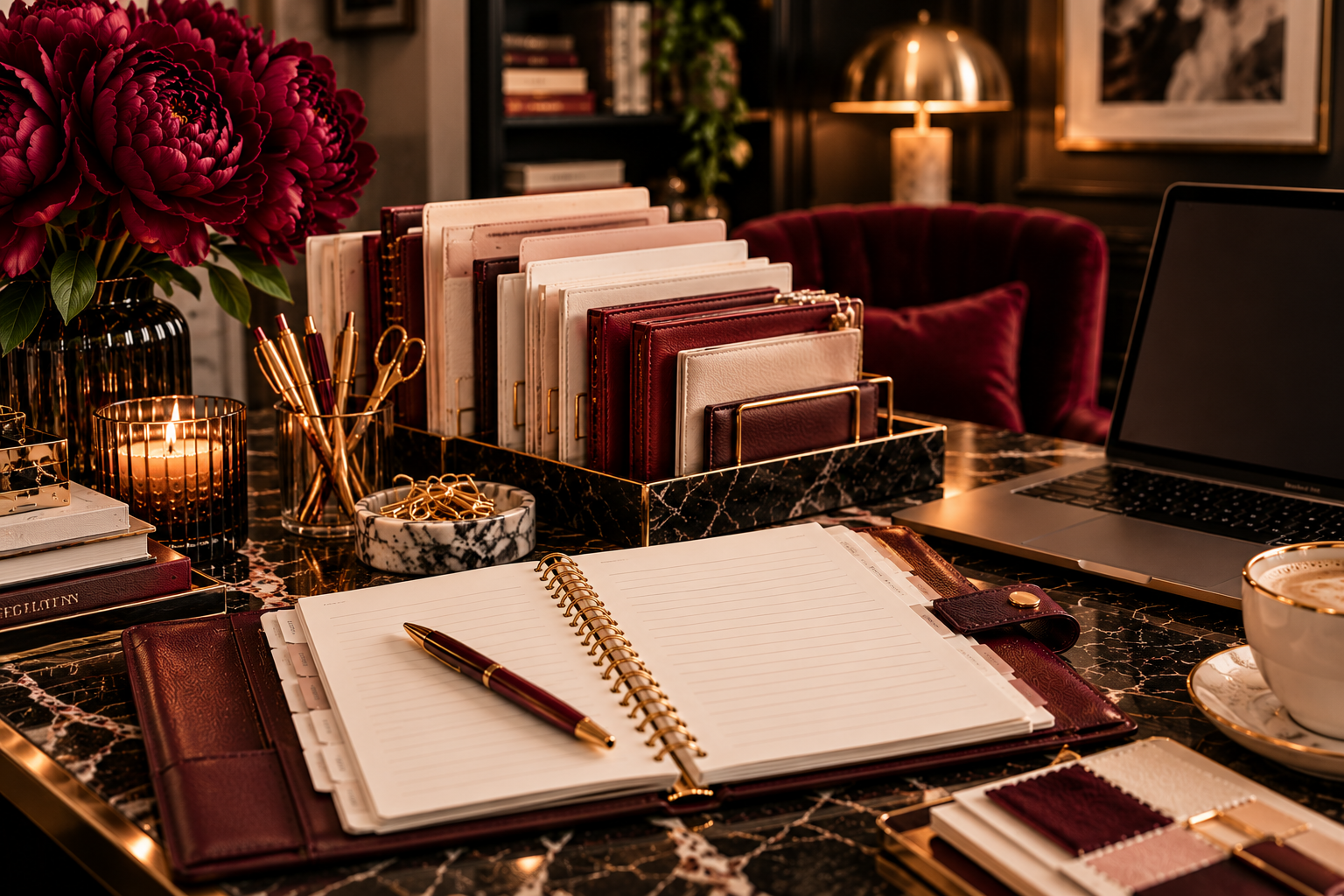 Elegant desk workspace with open notebook, pen, burgundy peonies, leather planners, laptop, candle, and coffee