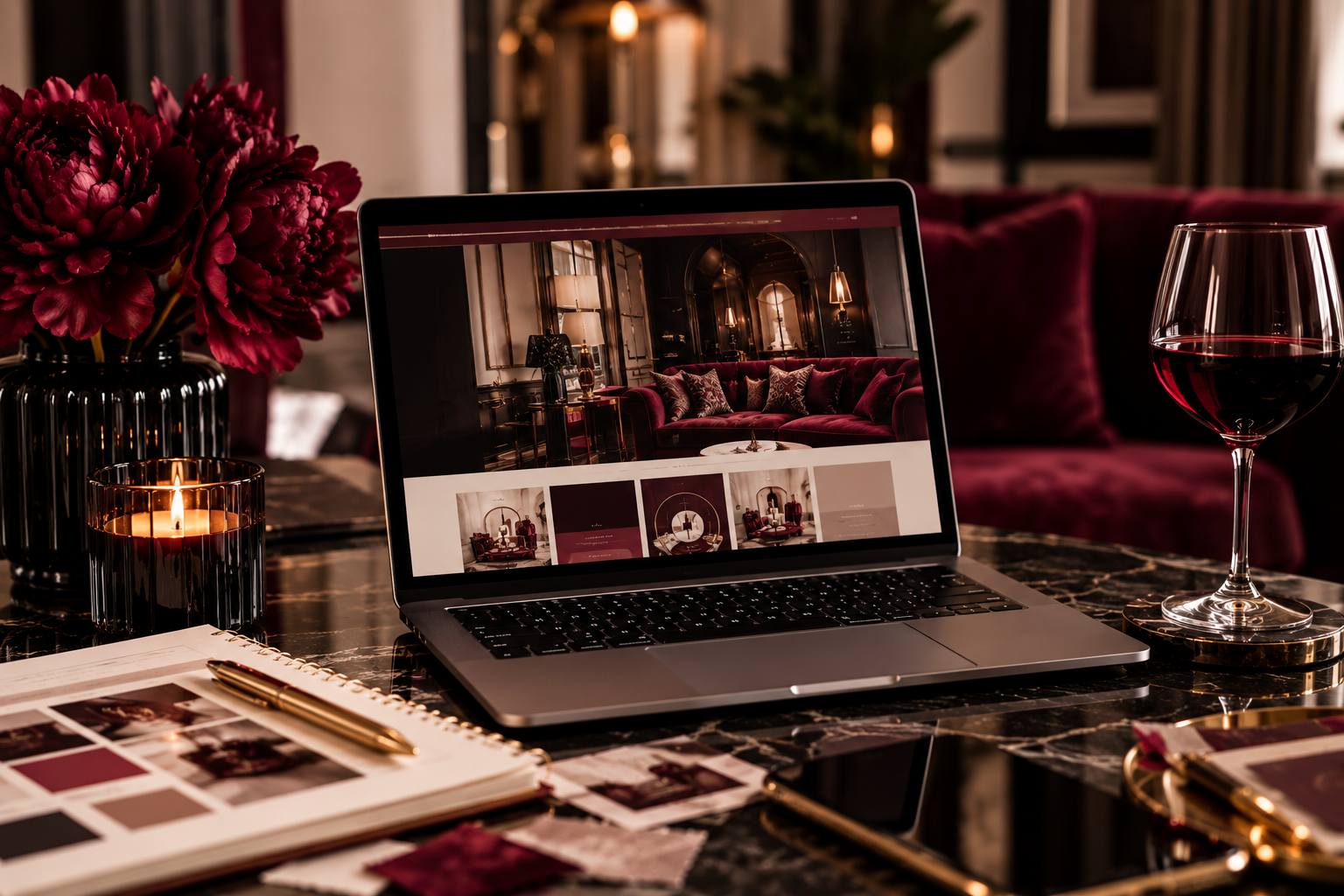 Laptop displaying a luxurious burgundy living room design, beside red peonies, a lit candle, wine glass, and interior design materials.