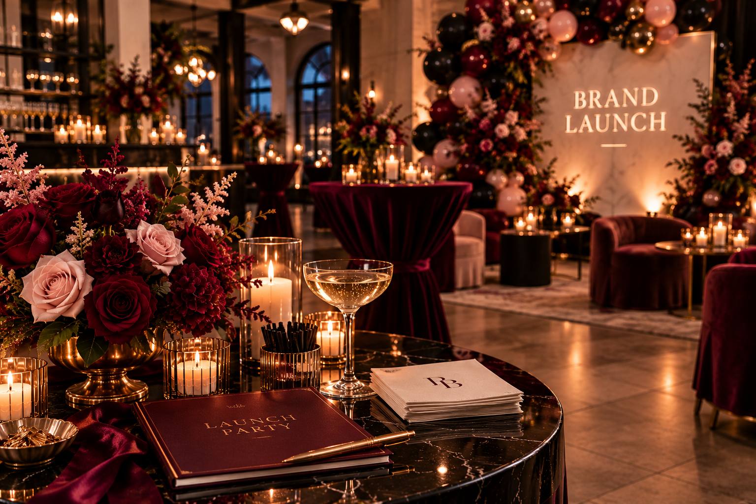 Elegant brand launch party venue with burgundy and blush floral arrangements, candles, cocktail tables, champagne, balloons, and branded launch party materials