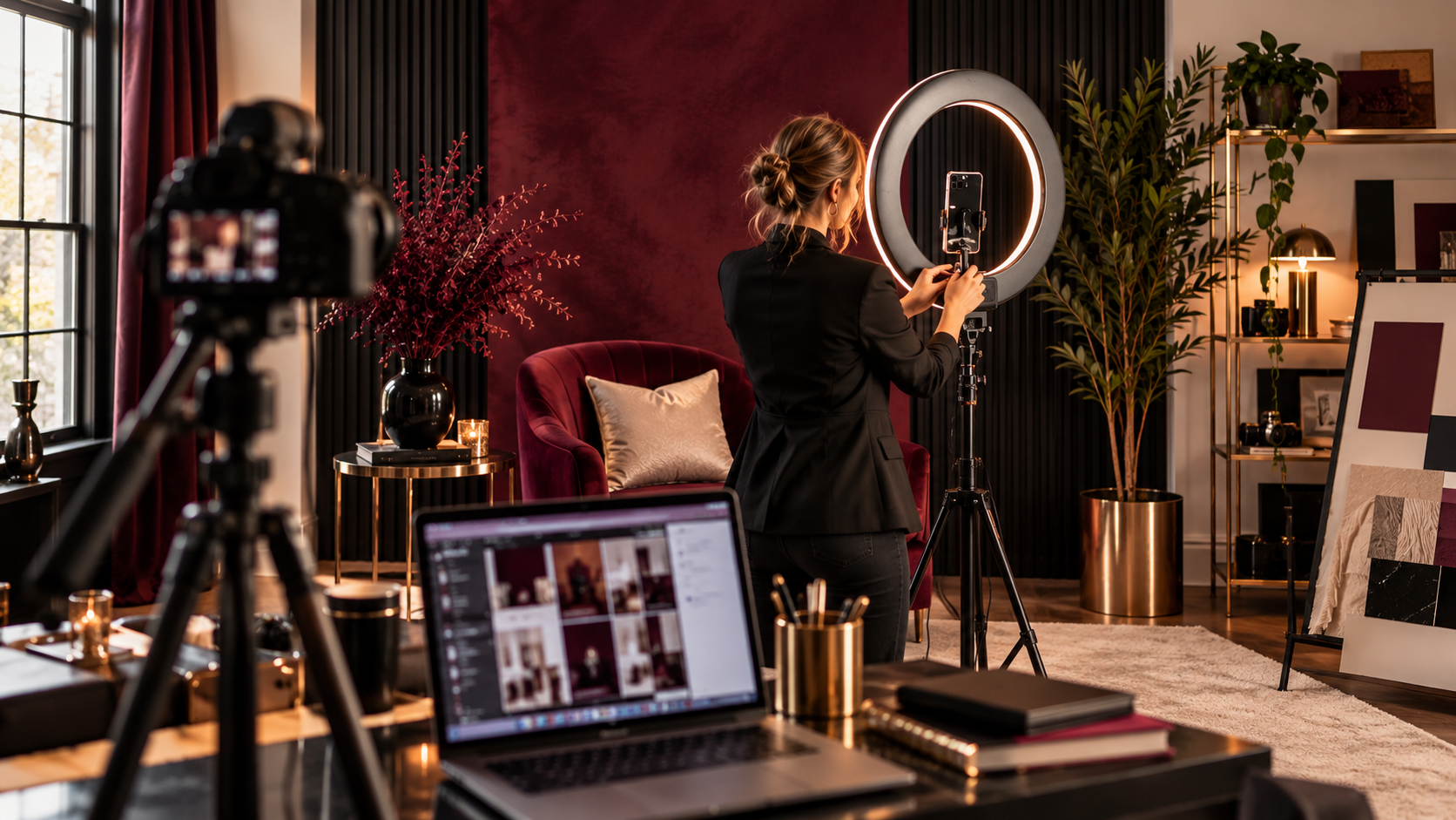 Woman setting up a smartphone on a ring light for content creation in a stylish home studio with cameras and laptop