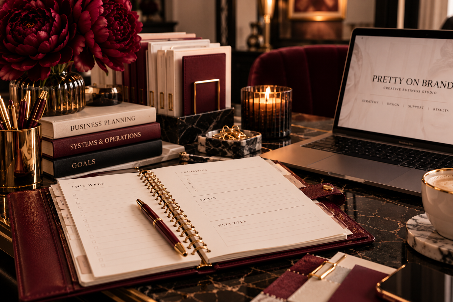 Elegant business planning desk with open weekly planner, pen, business books, burgundy flowers, candle, laptop, and coffee